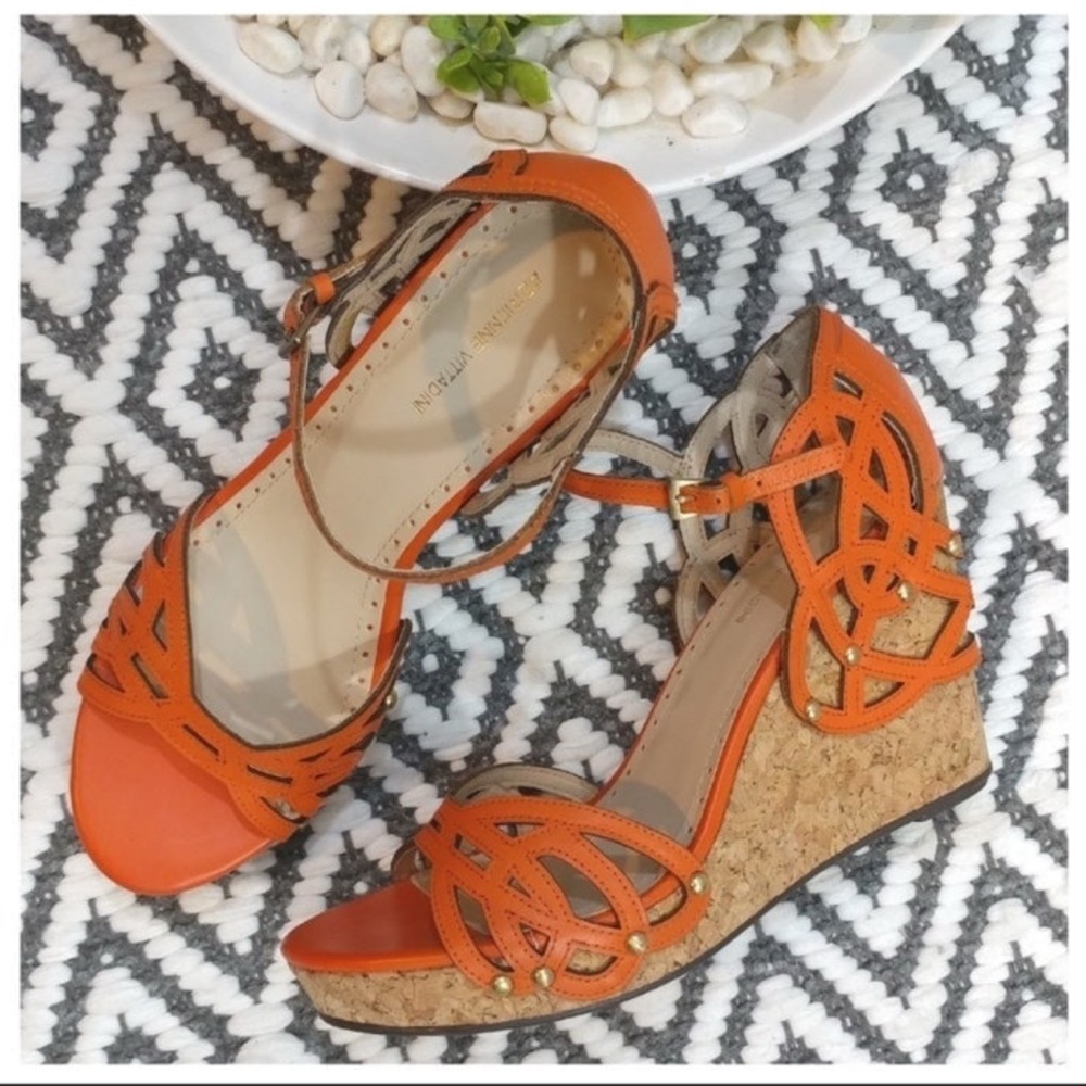 Adrienne Vittadini Orange Leather Cork Wedge Sandals